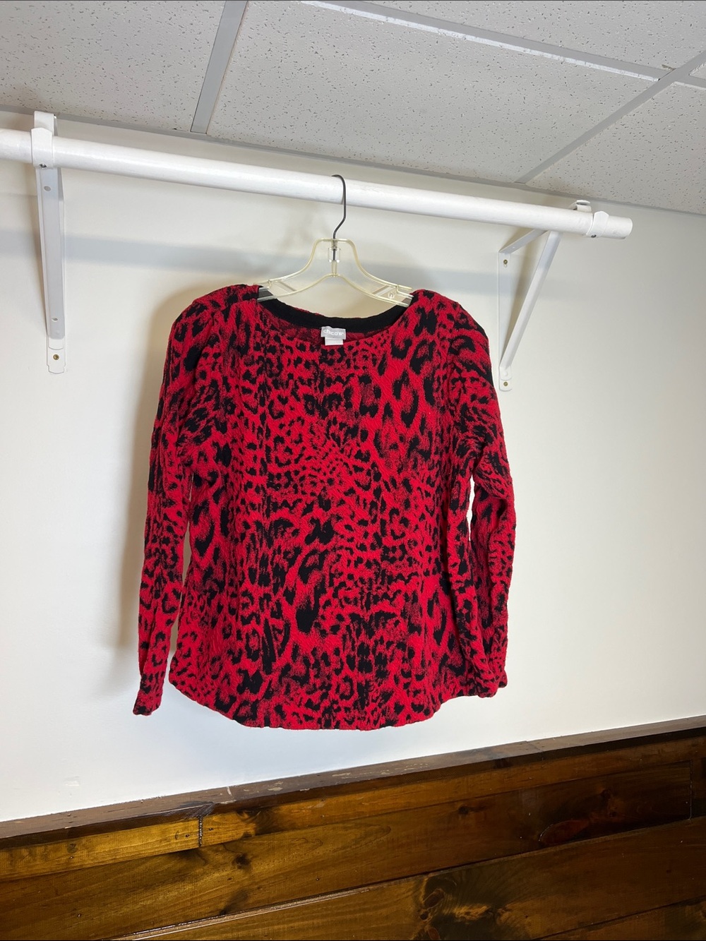 Chico's Red and Black Leopard-Print Knit Top- L